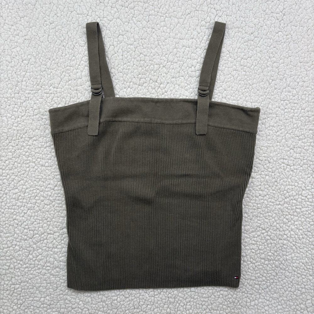 Tommy Hilfiger Tank Womens L Olive Ribbed Y2K Tube Top Square Neck Cropped